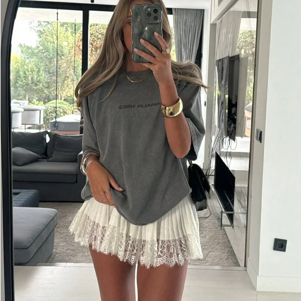 White Casual Women's Eyelash Lace Trim Short Mini Skirt High Waist Pleated Ruffl